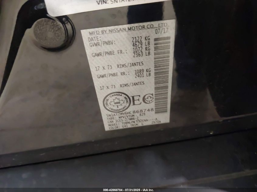 2017 Nissan Rogue S/Sl/Sv VIN: 5N1AT2MV6HC868748 Lot: 42868784