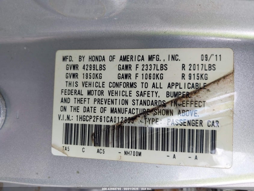 2012 Honda Accord 2.4 Se VIN: 1HGCP2F61CA012853 Lot: 42868785