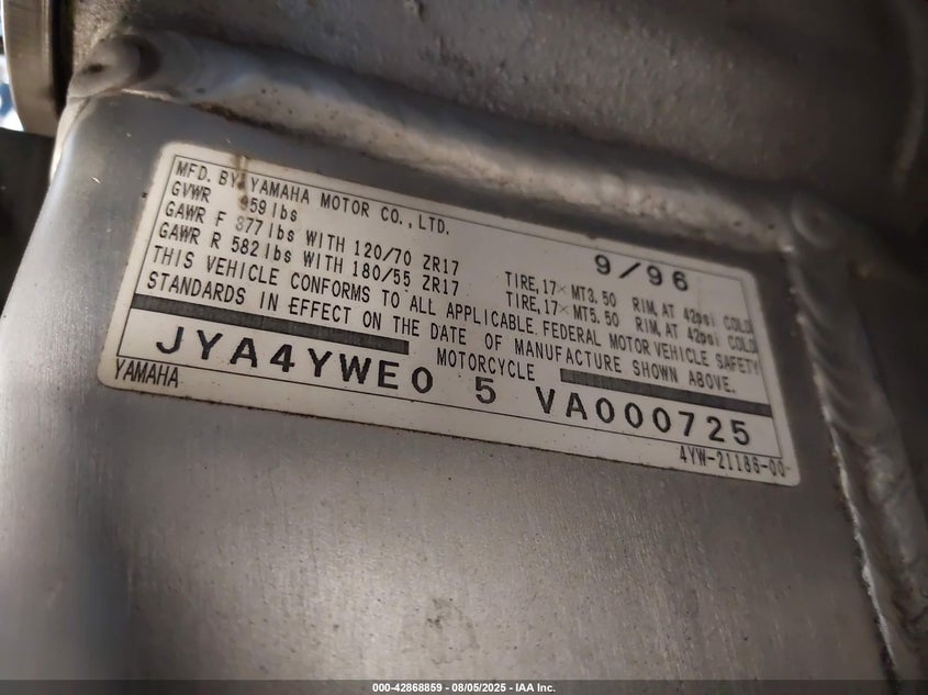 1997 Yamaha Yzf1000 R VIN: JYA4YWE05VA000725 Lot: 42868859