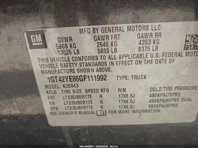 2016 GMC Sierra 3500Hd Denali VIN: 1GT42YE86GF111992 Lot: 42868971