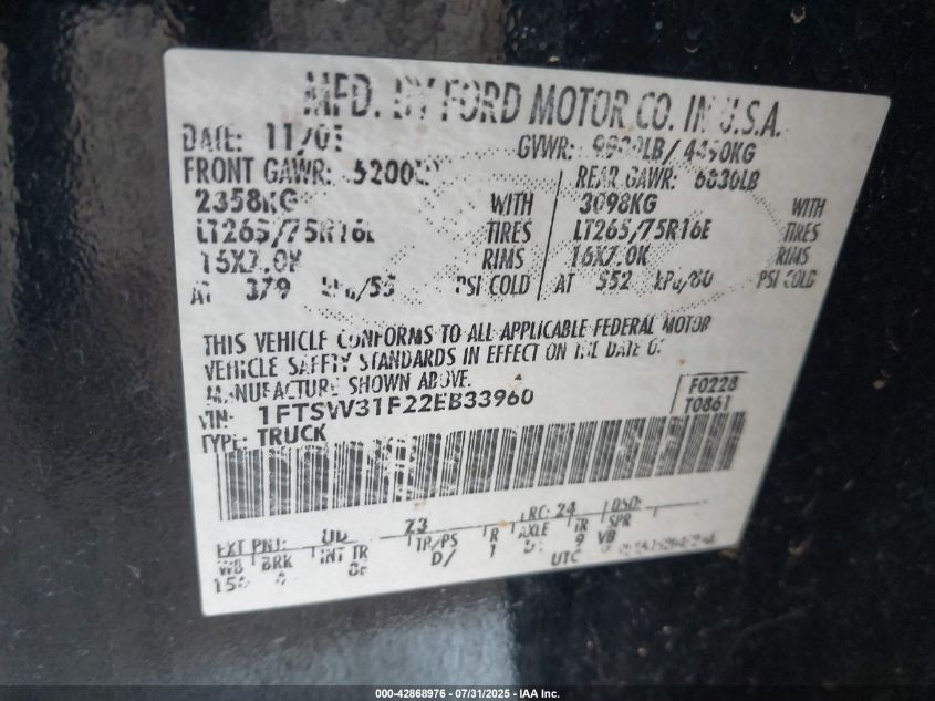 2002 Ford F-350 Lariat/Xl/Xlt VIN: 1FTSW31F22EB33960 Lot: 42868976