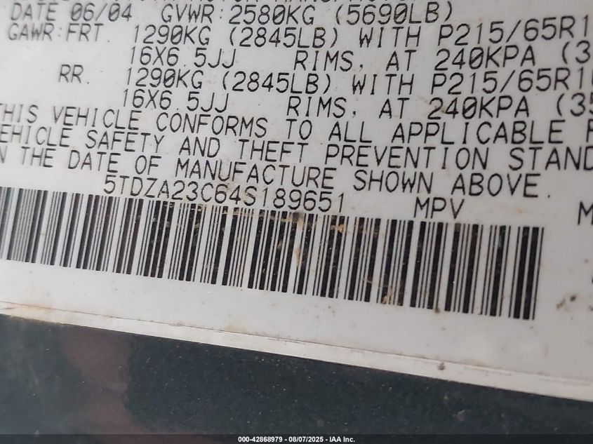 2004 Toyota Sienna Le VIN: 5TDZA23C64S189651 Lot: 42868979