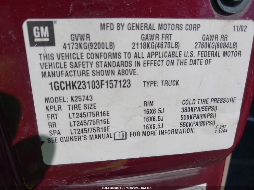 2003 Chevrolet Silverado 2500Hd Lt VIN: 1GCHK23103F157123 Lot: 42869001