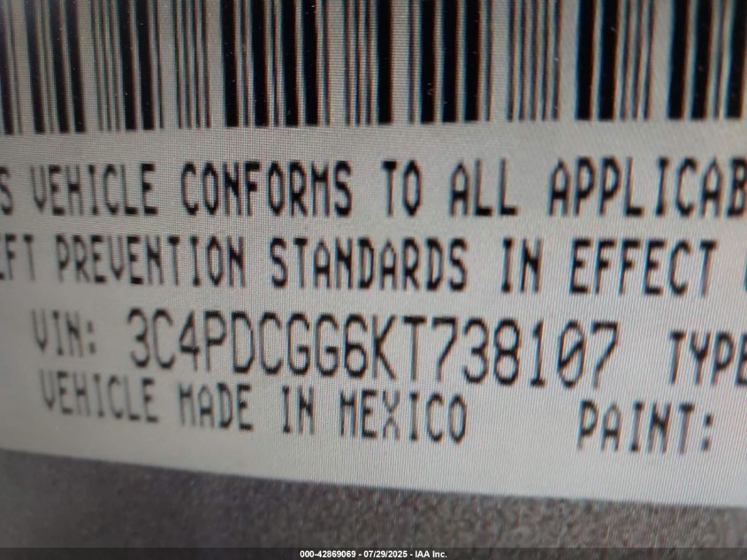 2019 Dodge Journey Crossroad VIN: 3C4PDCGG6KT738107 Lot: 42869069