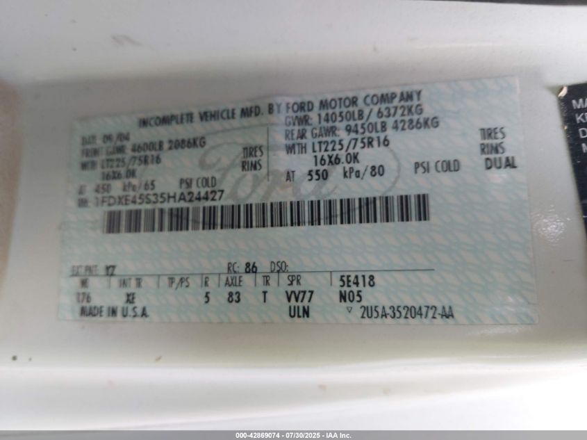 2005 Ford Econoline Commercial Cutaway Standard VIN: 1FDXE45S35HA24427 Lot: 42869074