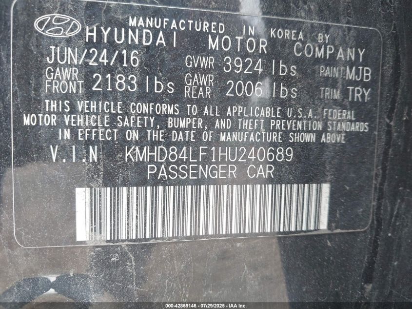 2017 Hyundai Elantra Value Edition VIN: KMHD84LF1HU240689 Lot: 42869146