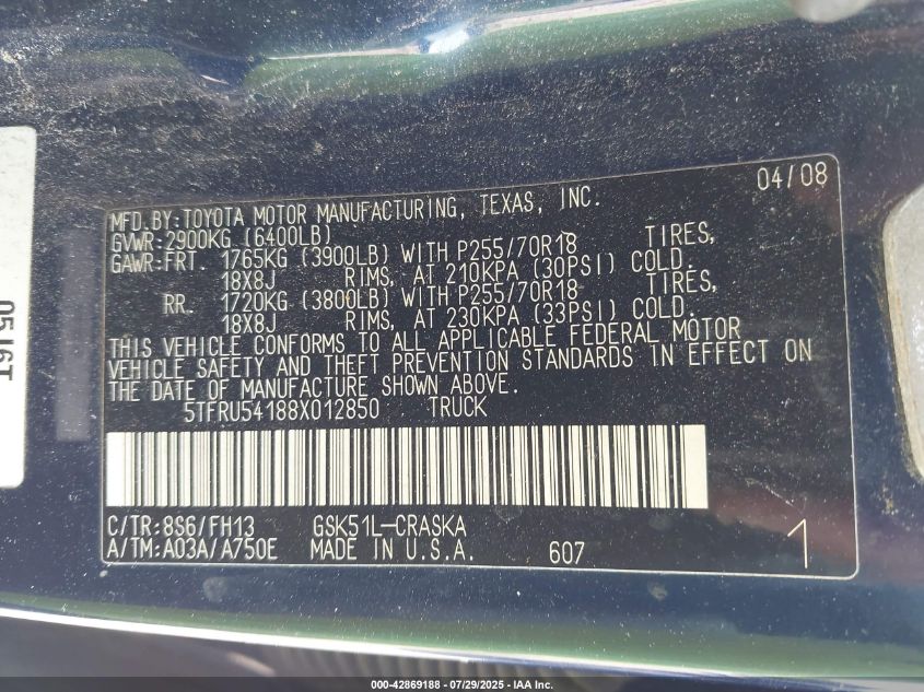 2008 Toyota Tundra Base V6 VIN: 5TFRU54188X012850 Lot: 42869188