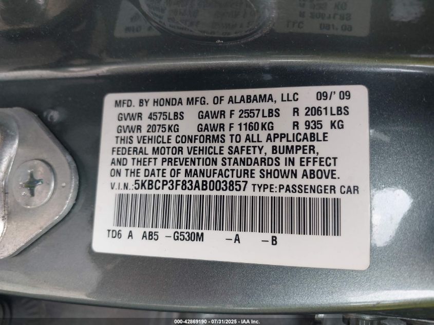 2010 Honda Accord 3.5 Ex-L VIN: 5KBCP3F83AB003857 Lot: 42869190