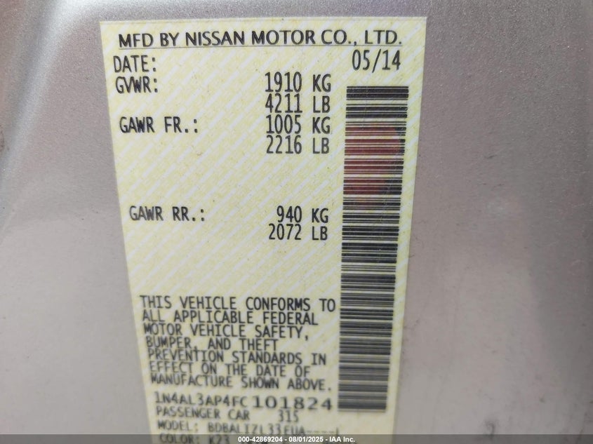 2015 NISSAN ALTIMA 2.5 SV 1N4AL3AP4FC101824