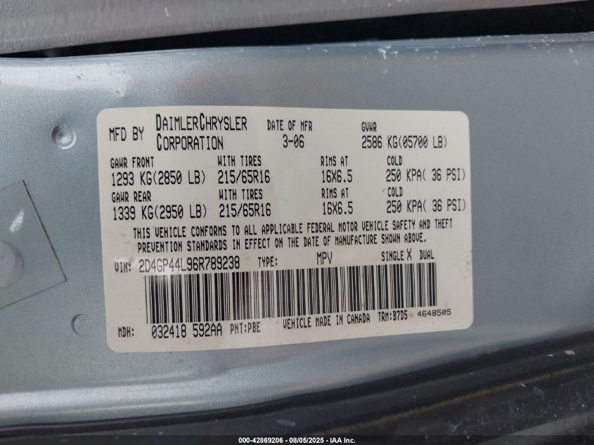 2006 Dodge Grand Caravan Sxt VIN: 2D4GP44L96R789238 Lot: 42869206