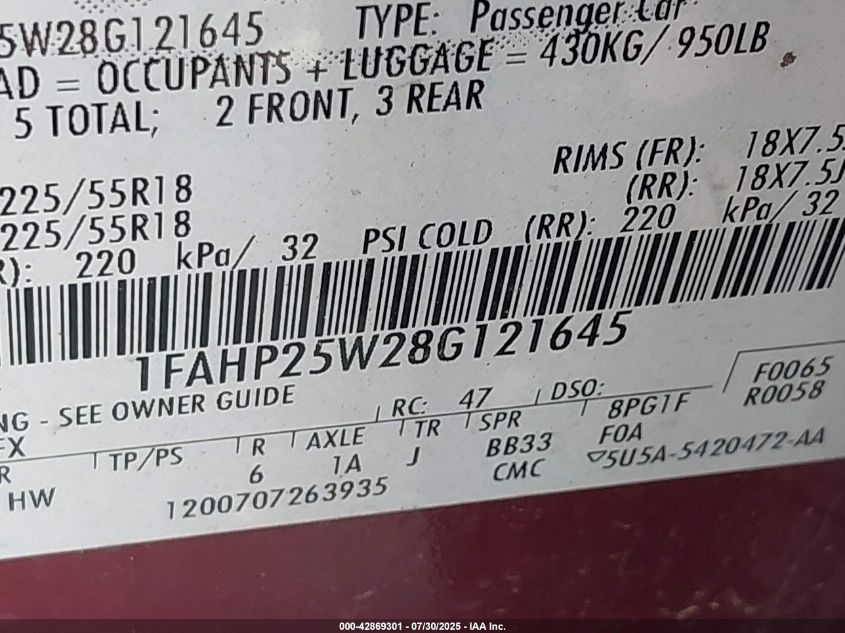 2008 Ford Taurus Limited VIN: 1FAHP25W28G121645 Lot: 42869301