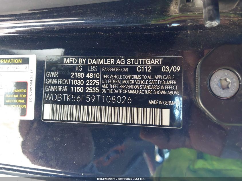 2009 Mercedes-Benz Clk 350 VIN: WDBTK56F59T108026 Lot: 42869379
