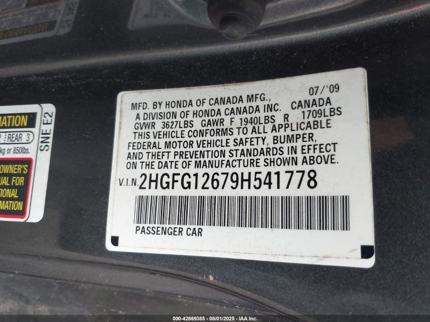 2009 Honda Civic Lx VIN: 2HGFG12679H541778 Lot: 42869385