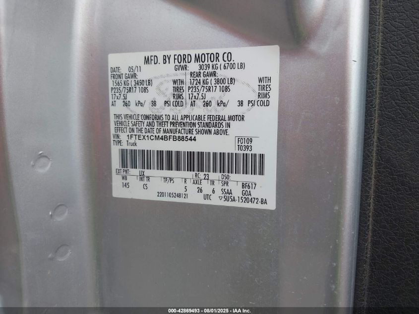 2011 Ford F-150 Xl VIN: 1FTEX1CM4BFB88544 Lot: 42869493