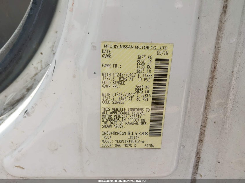 2016 NISSAN NV CARGO NV1500 SV V6 - 1N6BF0KM3GN815388