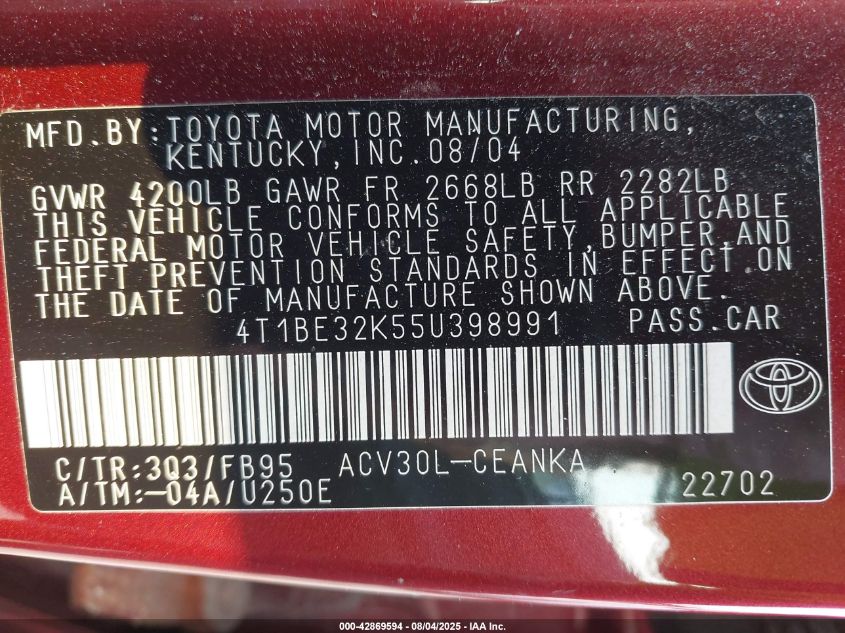 2005 Toyota Camry Le VIN: 4T1BE32K55U398991 Lot: 42869594