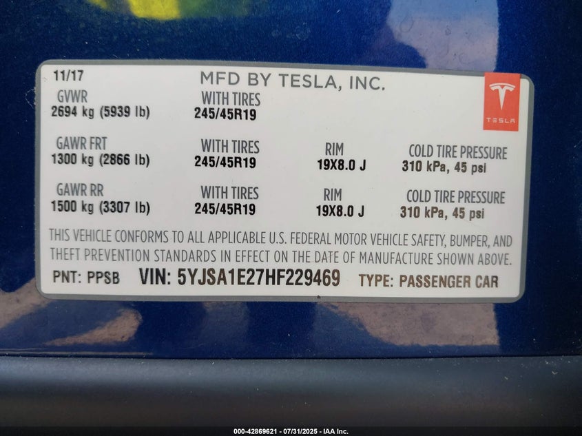5YJSA1E27HF229469 2017 Tesla Model s 100d 60d 75d 90d p100d Blue