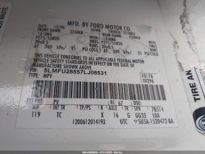 2007 Lincoln Navigator Ultimate VIN: 5LMFU28557LJ08531 Lot: 42869626