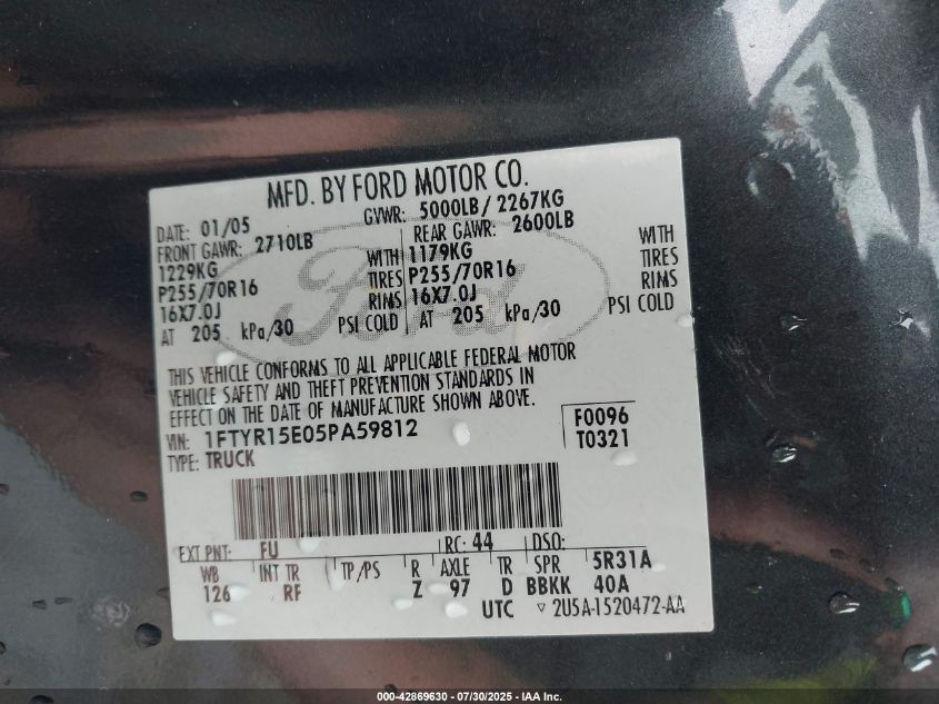 2005 Ford Ranger Edge/Xl/Xlt VIN: 1FTYR15E05PA59812 Lot: 42869630