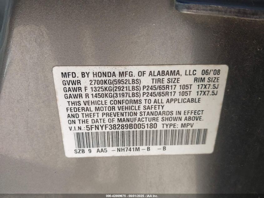 2009 Honda Pilot Lx VIN: 5FNYF38289B005180 Lot: 42869675