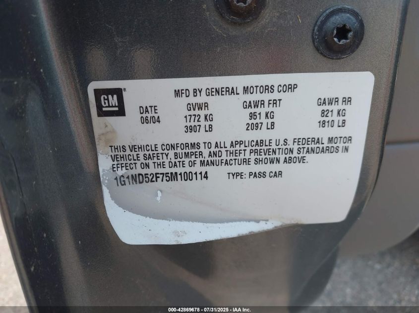 2005 Chevrolet Classic VIN: 1G1ND52F75M100114 Lot: 42869678