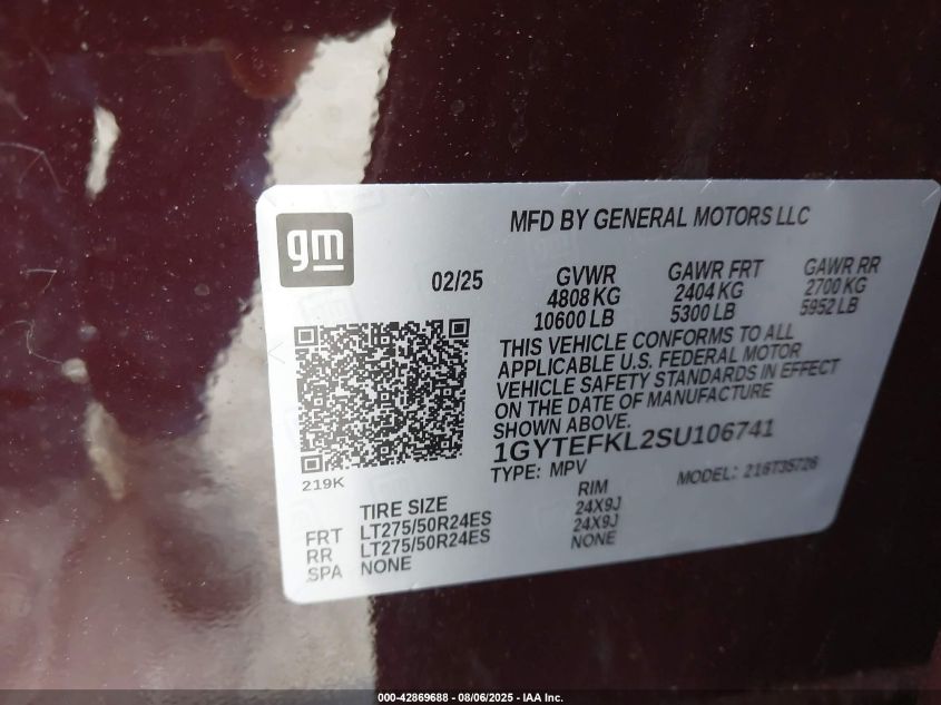 2025 Cadillac Escalade Iq Sport 2 Awd VIN: 1GYTEFKL2SU106741 Lot: 42869688