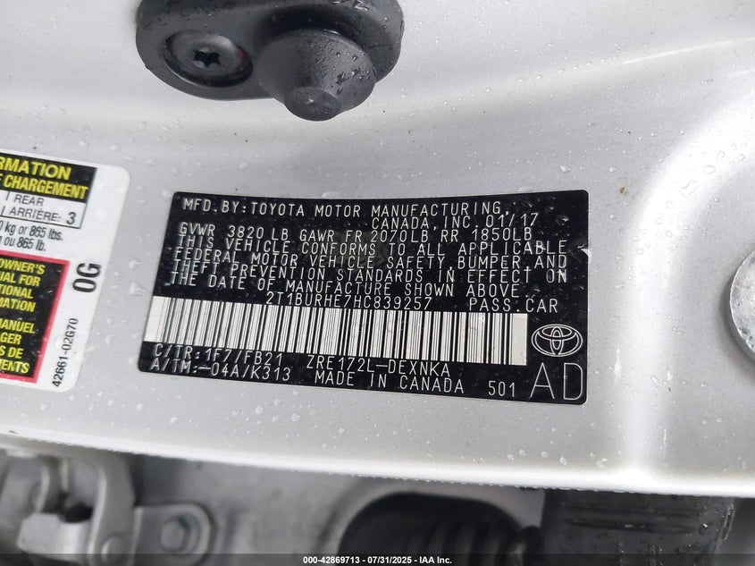 2017 Toyota Corolla 1.8 Le Silver Lot 111042869713 Vin 2T1BURHE7HC839257