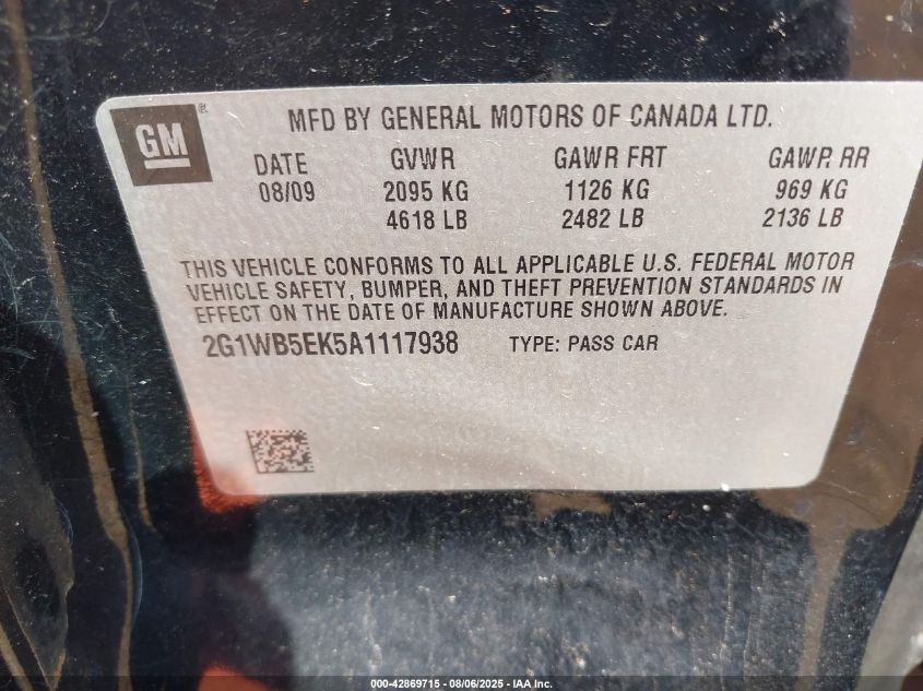 2010 Chevrolet Impala Lt VIN: 2G1WB5EK5A1117938 Lot: 42869715