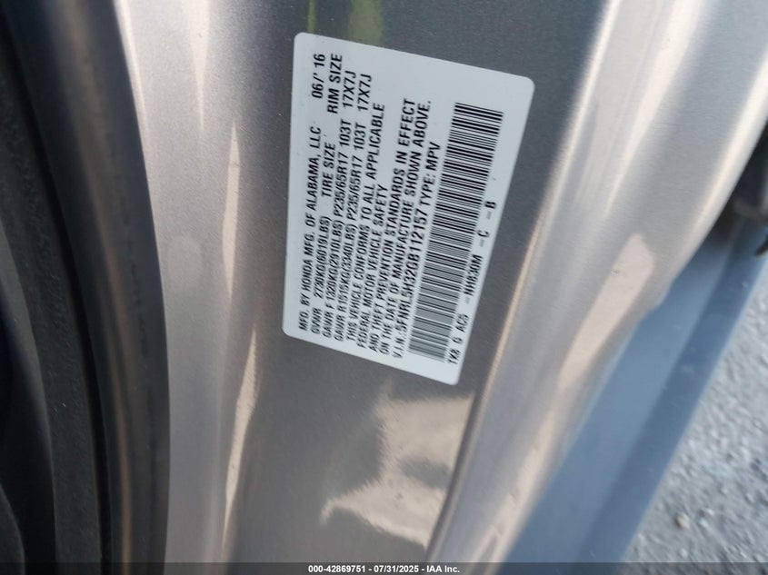 2016 Honda Odyssey Se VIN: 5FNRL5H32GB112157 Lot: 42869751