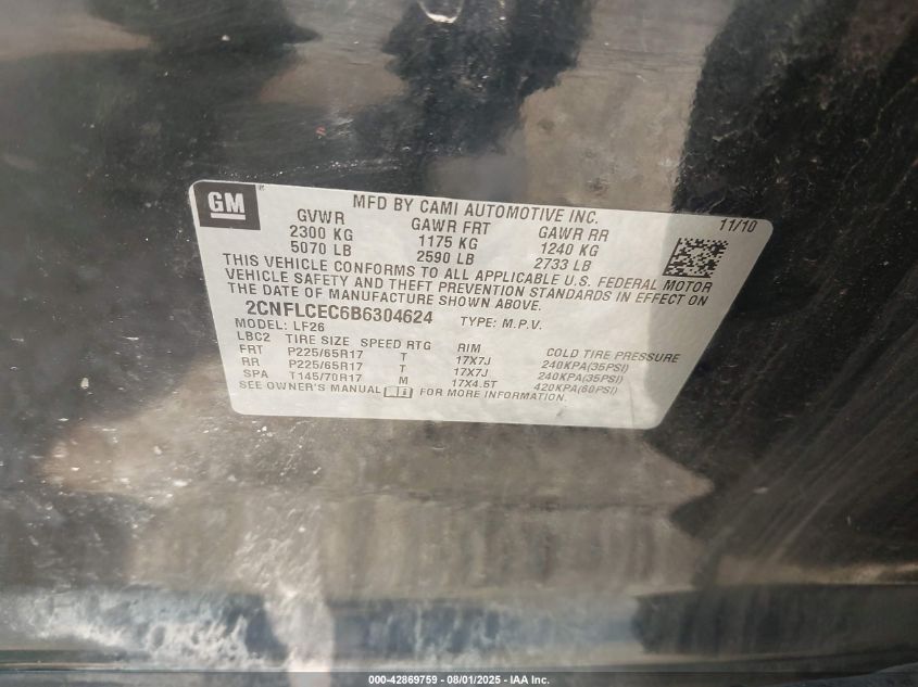 2011 Chevrolet Equinox Ls VIN: 2CNFLCEC6B6304624 Lot: 42869759