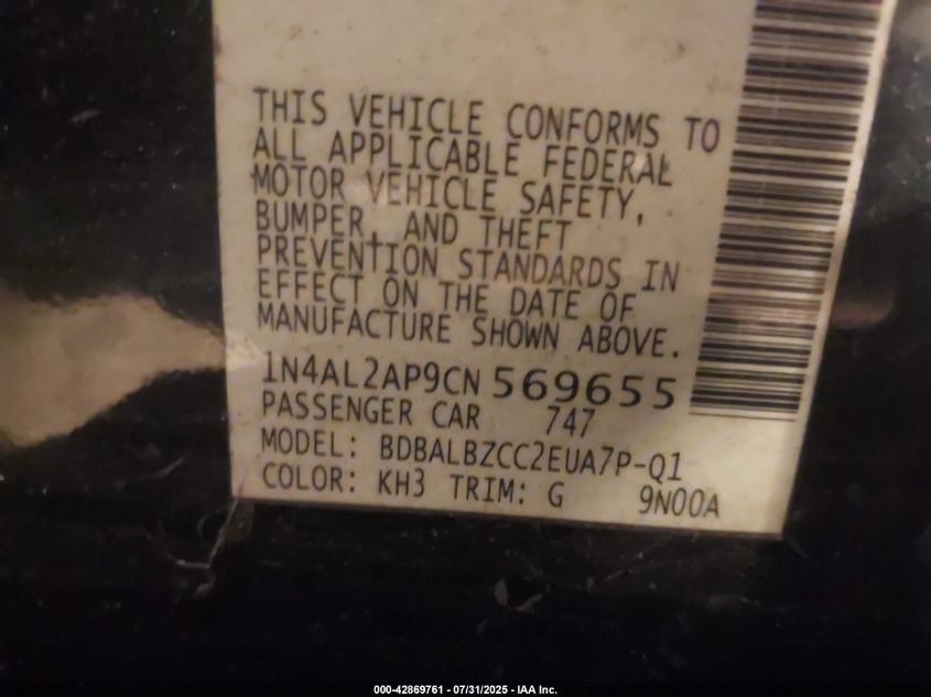 2012 Nissan Altima 2.5 S VIN: 1N4AL2AP9CN569655 Lot: 42869761