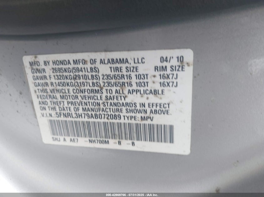 2010 Honda Odyssey VIN: 5SNRL3H79AV072089 Lot: 42869766