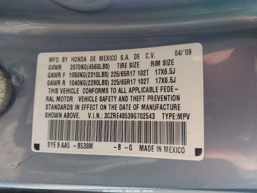2009 Honda Cr-V Ex VIN: 3CZRE48539G702543 Lot: 42869769
