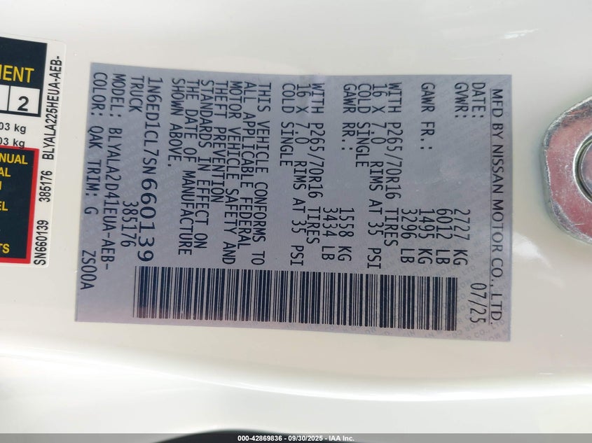 2025 NISSAN FRONTIER(VIN: 1N6ED1CL7SN660139