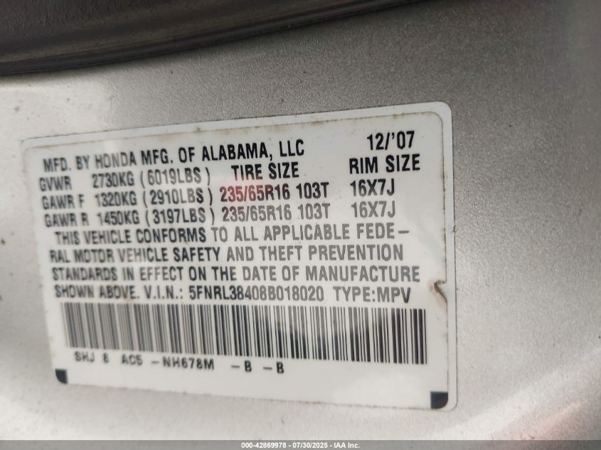 2008 Honda Odyssey Ex VIN: 5FNRL38408B018020 Lot: 42869978