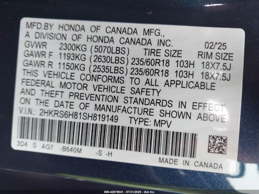 2025 Honda CR-V - 2HKRS6H81SH819149