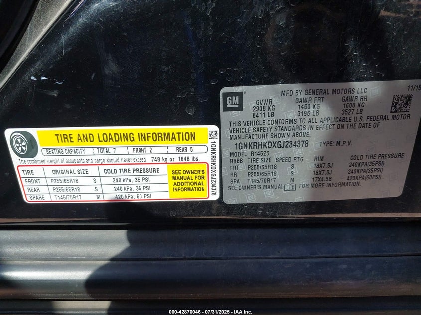 2016 Chevrolet Traverse 2Lt VIN: 1GNKRHKDXGJ234378 Lot: 42870046