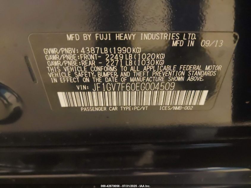 2014 Subaru Impreza Wrx Premium VIN: JF1GV7F60EG004509 Lot: 42870056