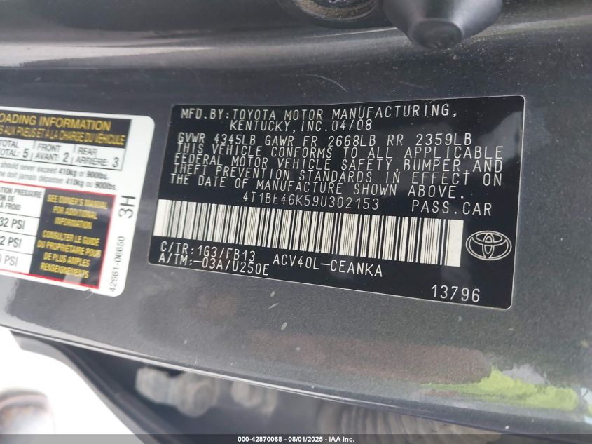 2009 Toyota Camry Le VIN: 4T1BE46K59U302153 Lot: 42870068