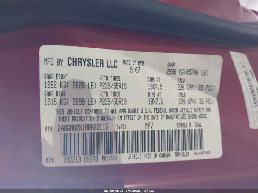 2008 Chrysler Pacifica Touring VIN: 2A8GM68X18R609115 Lot: 42870098