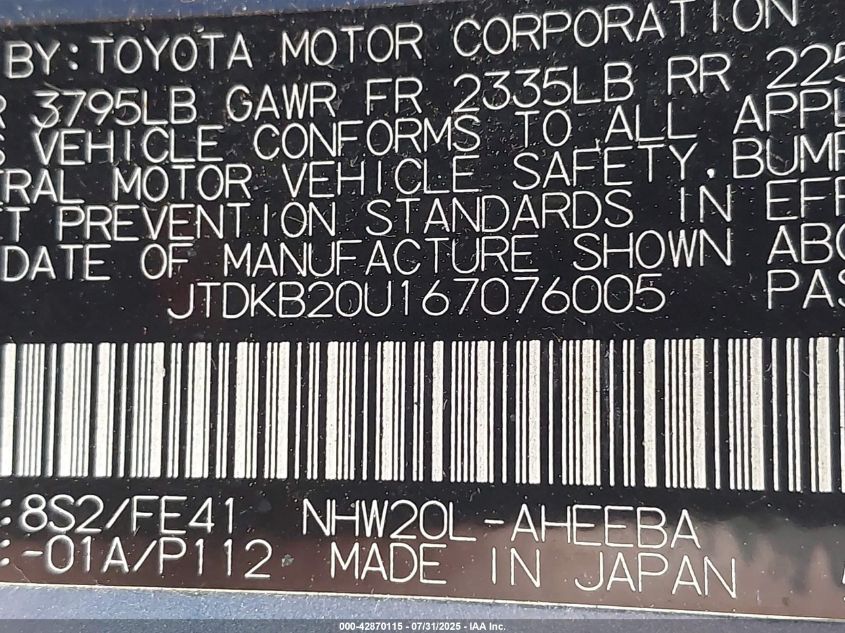 2006 Toyota Prius VIN: JTDKB20U167076005 Lot: 42870115