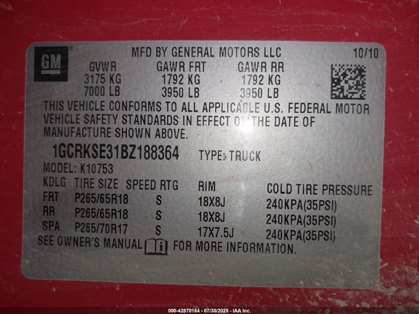 2011 Chevrolet Silverado 1500 Lt VIN: 1GCRKSE31BZ188364 Lot: 42870184