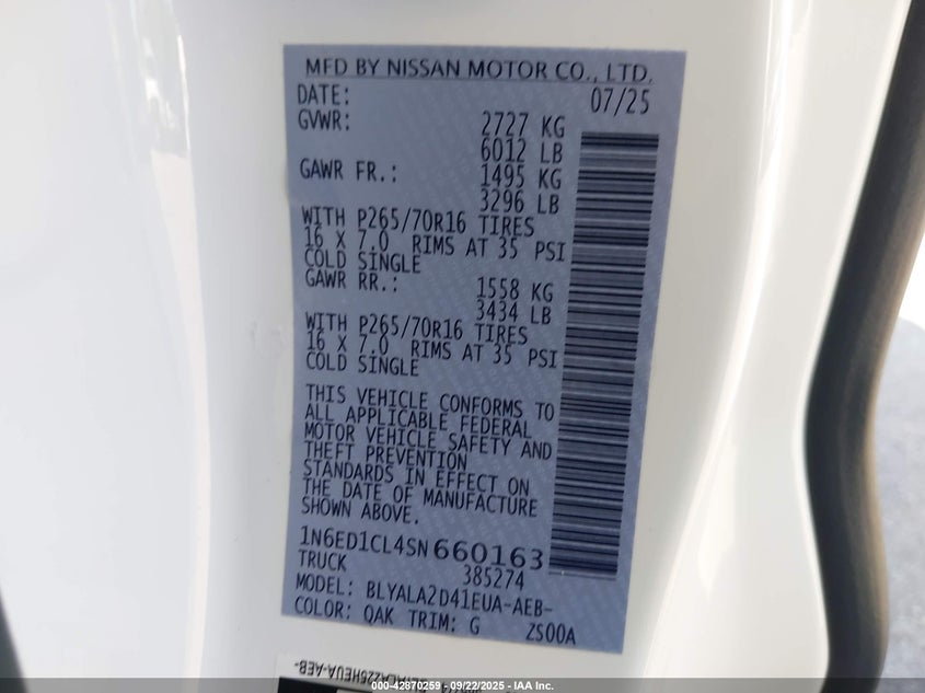 2025 NISSAN FRONTIER(VIN: 1N6ED1CL4SN660163