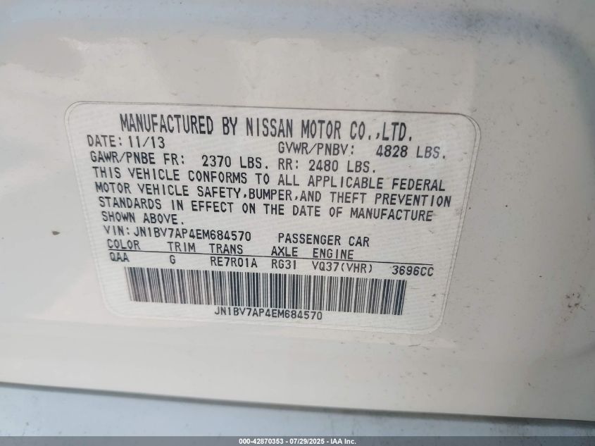 2014 Infiniti Q50 Sport VIN: JN1BV7AP4EM684570 Lot: 42870353