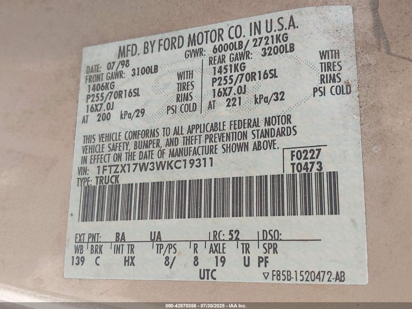 1998 Ford F-150 Lariat/Standard/Xl/Xlt VIN: 1FTZX17W3WKC19311 Lot: 42870356