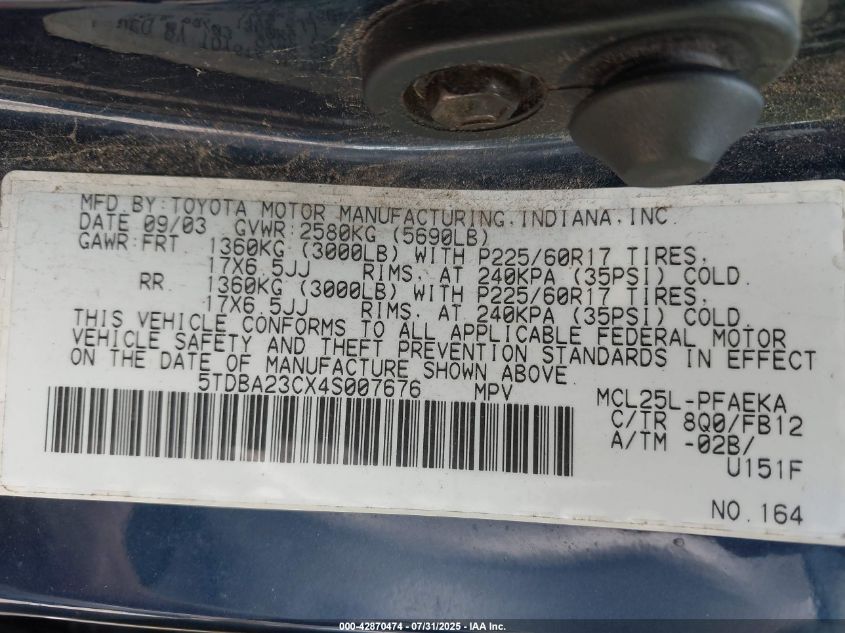 2004 Toyota Sienna Le VIN: 5TDBA23CX4S007676 Lot: 42870474