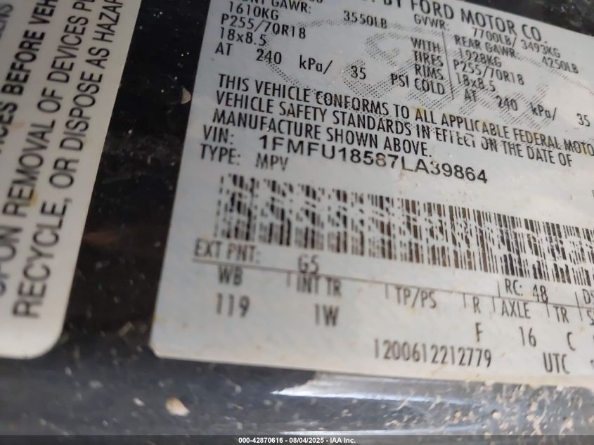 2007 Ford Expedition Eddie Bauer VIN: 1FMFU18587LA39864 Lot: 42870616