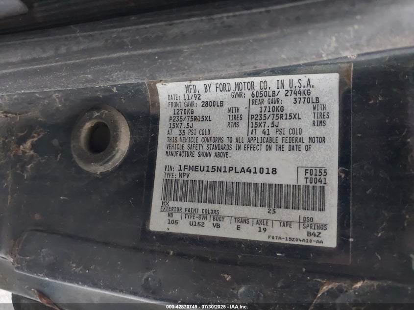1993 Ford Bronco U100 VIN: 1FMEU15N1PLA41018 Lot: 42870749