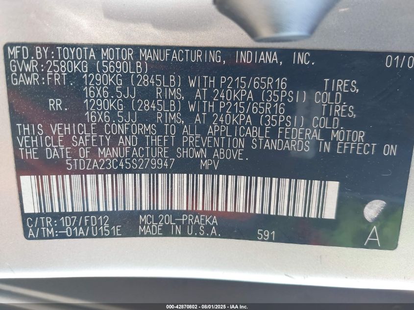 2005 Toyota Sienna Ce VIN: 5TDZA23C45S279947 Lot: 42870802