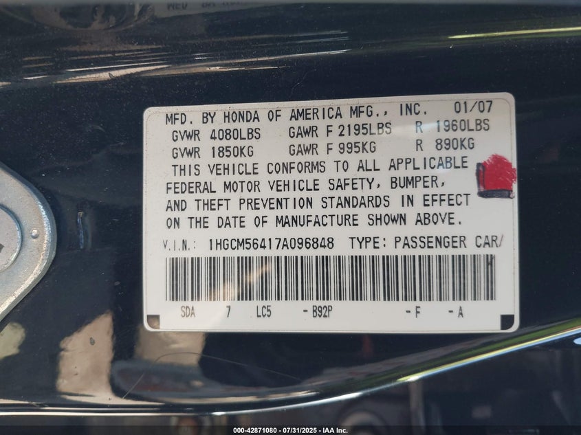 2007 Honda Accord 2.4 Lx VIN: 1HGCM56417A096848 Lot: 42871080